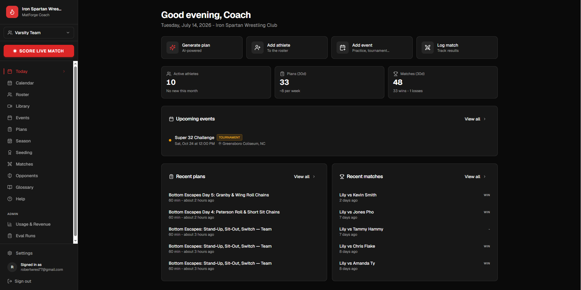 A MatForge AI-generated wrestling practice plan, each block annotated with the reason it was recommended