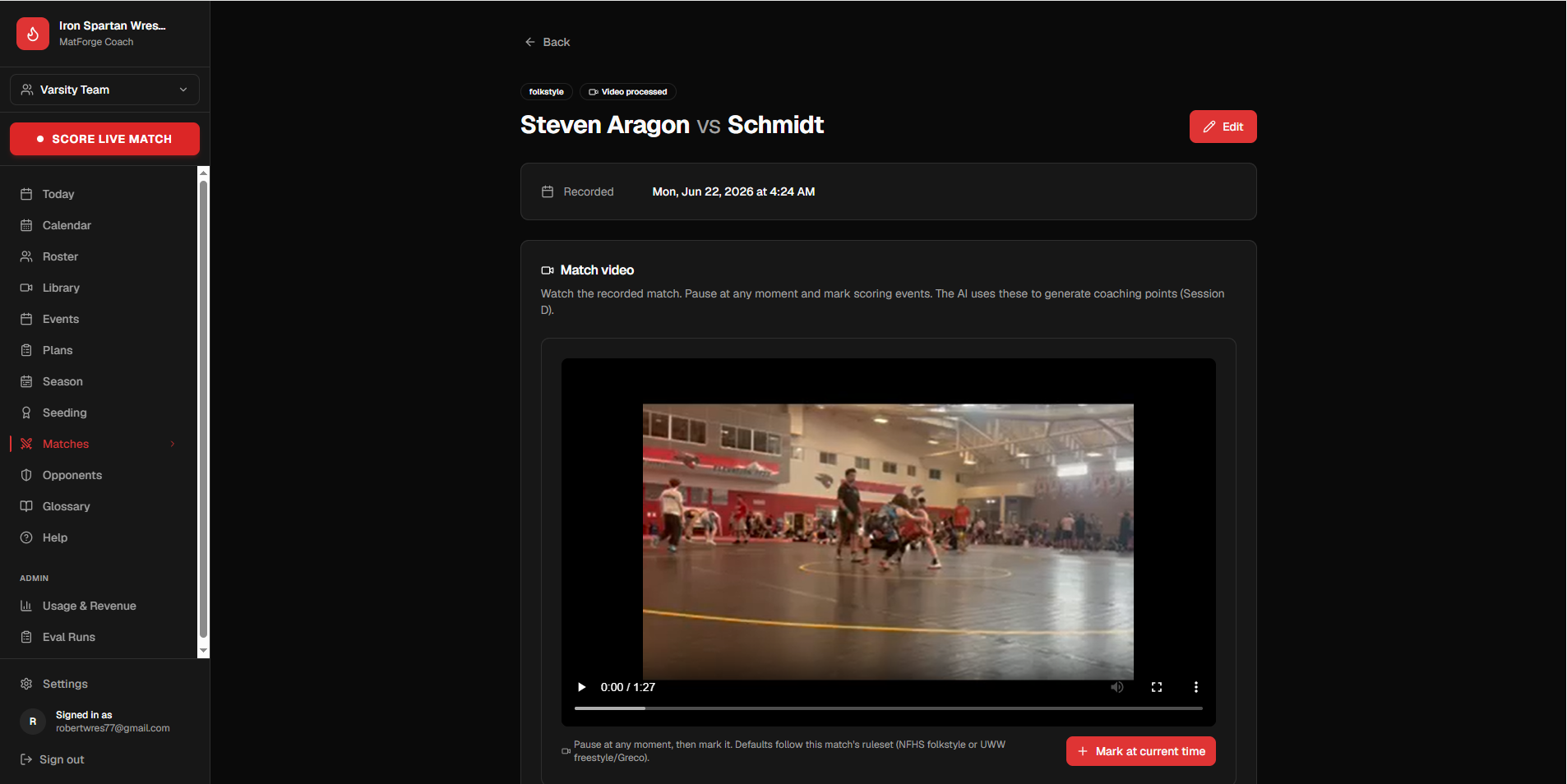 Live match scoring with video markers on every event