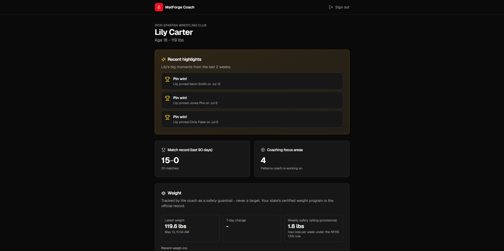 Parent portal showing an athlete's record, highlights, and schedule