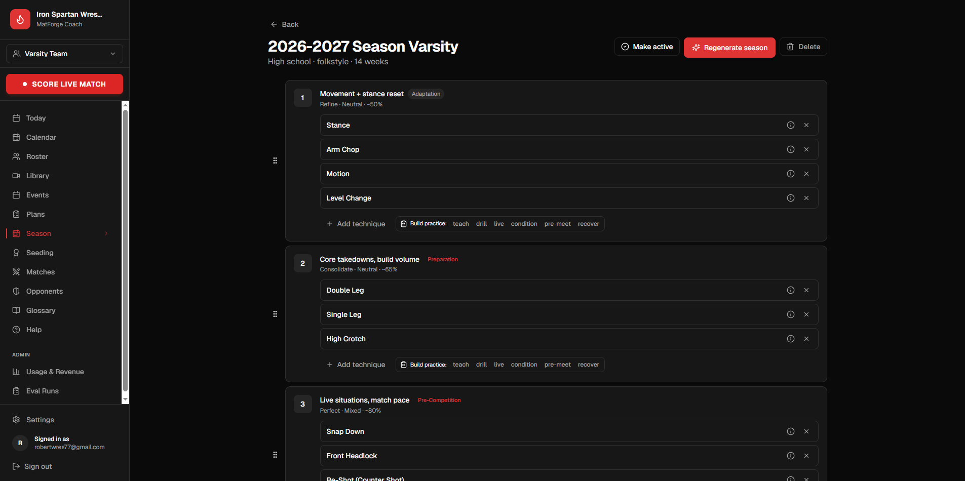 MatForge season roadmap: week-by-week wrestling season plan with phases and technique focus